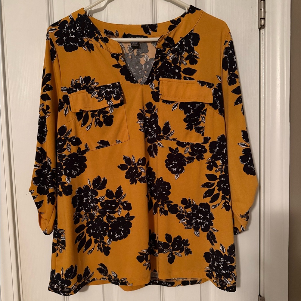 Carolyn Taylor Mustard Floral V-Neck Blouse with Black Floral Print